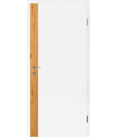 Bíle lakované interiérové dveře s dýhovanými intarziemi BELLAline - F5R33L bíle lakováno, intarzie dub sukatý s drážkou