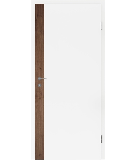 Bíle lakované interiérové dveře s dýhovanými intarziemi BELLAline - F5R33L bíle lakováno, intarzie ořech s drážkou